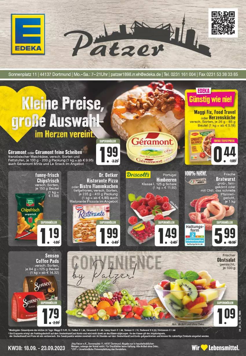 Aktueller Prospekt Edeka - Angebote der Woche - von 18.09 bis 23.09.2023 - strona 1 - produkty: angebot, angebote, Bau, beutel, chili, chips, chipsfrisch, cola, elle, ente, erde, flammkuchen, französischer weichkäse, Käse, kuchen, lamm, lebensmittel, LG, obst, pizza, ristorante, ristorante pizza, salat, Schal, Schale, senseo, snack, tee, Ti, weichkäse