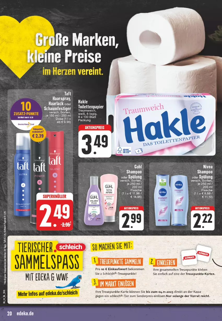 Aktueller Prospekt Edeka - Angebote der Woche - von 18.09 bis 23.09.2023 - strona 20 - produkty: aktionspreis, arla, beko, deka, eis, ente, flasche, Guhl, Haarlack, haarspray, hakle, hakle toilettenpapier, hyaluron, lack, leine, Lusti, nivea, oder schaumfestiger, papier, reis, schaumfestiger, Schleich, shampoo, shampoo oder spülung, spülung, Taft, Ti, toilettenpapier