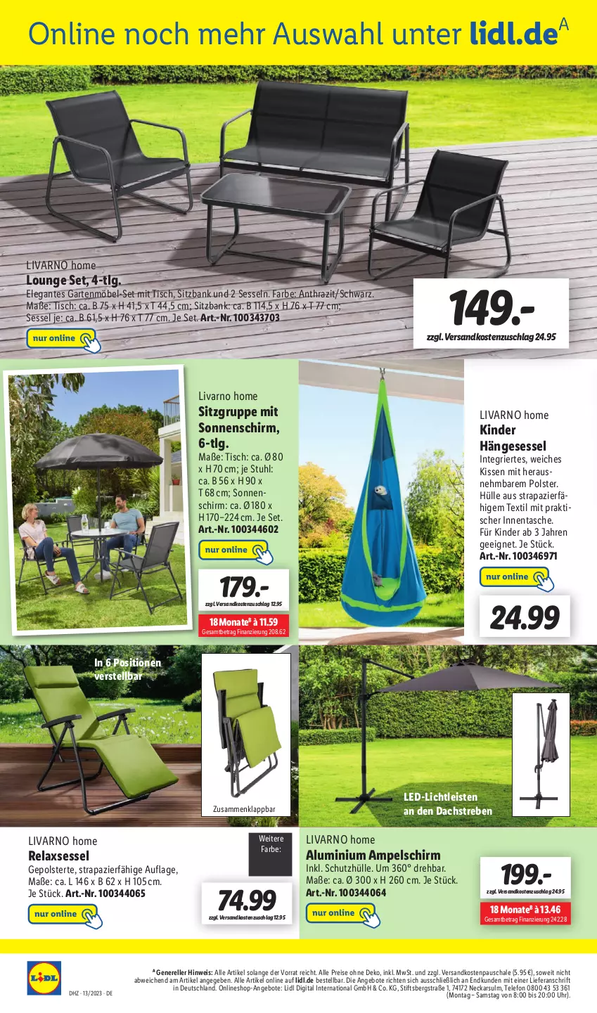 Aktueller Prospekt Lidl - Wochen-Highlights im Onlineshop - von 27.03 bis 02.04.2023 - strona 2 - produkty: ampelschirm, angebot, angebote, Bank, eis, elle, Garten, gartenmöbel, hängesessel, Kinder, kissen, led-licht, LG, möbel, ndk, reis, rel, relaxsessel, Schal, Schale, schutzhülle, sessel, sitzbank, sonnenschirm, stuhl, Tasche, telefon, Ti, tisch, uhr