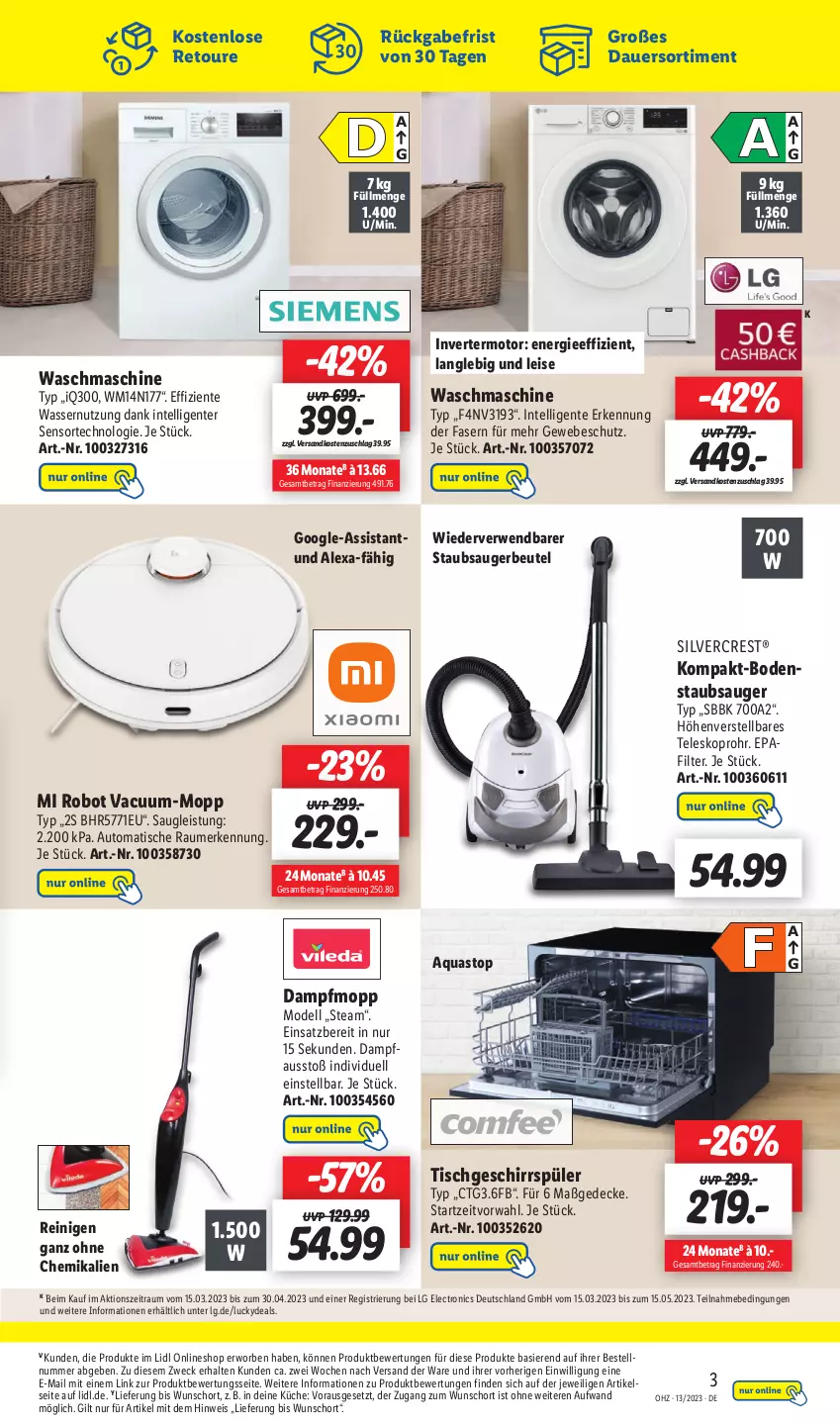 Aktueller Prospekt Lidl - Wochen-Highlights im Onlineshop - von 27.03 bis 02.04.2023 - strona 7 - produkty: alexa, aqua, aquastop, auer, auto, beutel, bodenstaubsauger, decke, dell, eis, ente, geschirr, geschirrspüler, Intel, küche, LG, Mode, ndk, Pfau, rwe, silvercrest, staubsauger, staubsaugerbeutel, Teleskop, Ti, tisch, waschmaschine, wasser, weck