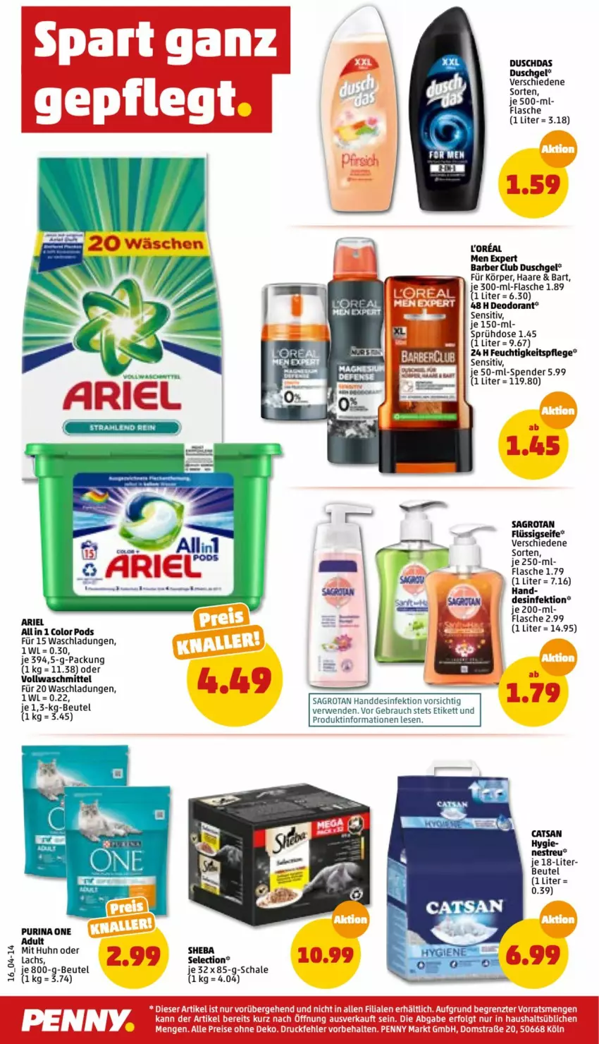 Aktueller Prospekt Penny - Prospekte - von 06.06 bis 11.06.2022 - strona 16 - produkty: ariel, beutel, deo, deodorant, Desinfektion, duschdas, duschgel, feuchtigkeitspflege, flasche, flüssigseife, lachs, loreal, Pods, purina, Rauch, rwe, sagrotan, Schal, Schale, Seife, sheba, Ti, vollwaschmittel, waschmittel