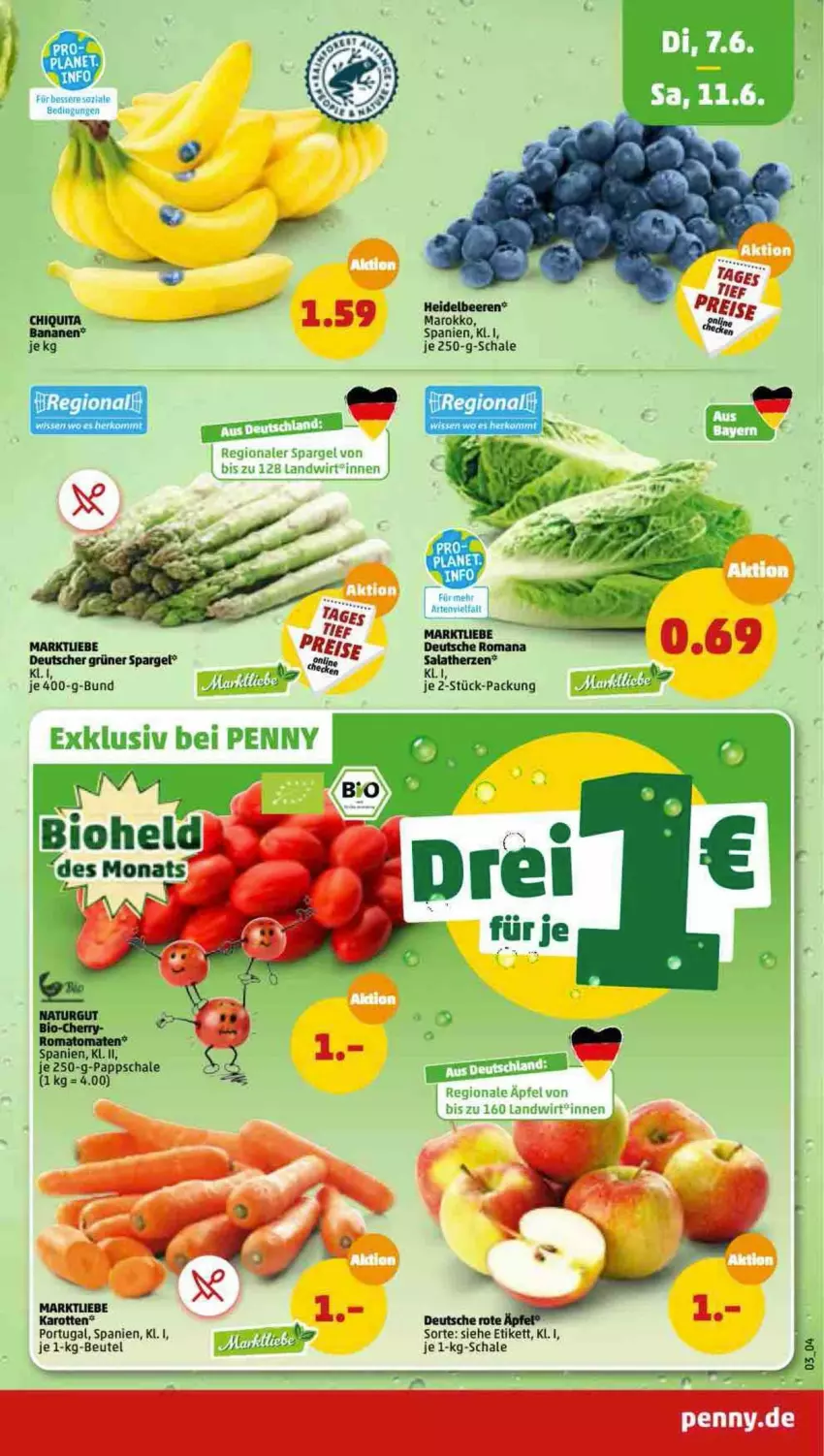 Aktueller Prospekt Penny - Prospekte - von 06.06 bis 11.06.2022 - strona 3 - produkty: apfel, beere, beeren, beutel, eis, heidelbeere, heidelbeeren, karotten, reis, Ria, salat, salatherzen, Schal, Schale, spargel, Ti