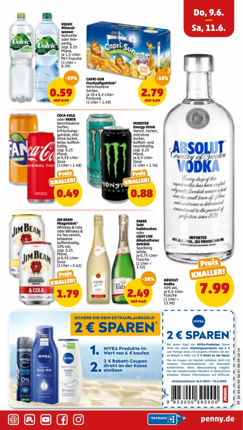 Aktueller Prospekt Penny - Prospekte - von 06.06 bis 11.06.2022 - strona 39 - produkty: Absolut Vodka, alkohol, Cap, capri-sun, coca-cola, cola, coupon, coupons, drink, eier, eis, elle, fanta, flasche, getränk, ice tea, jim beam, Mixgetränk, monster, Monster Energy, natur, nivea, pet-flasche, rabatt-coupon, reis, rel, sekt, Ti, vodka, wasser, whiskey, zucker