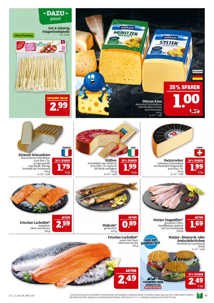 Aktueller Prospekt Marktkauf - Prospekt - von 23.03 bis 29.03.2025 - strona 17 - produkty: bismarck, braten, brötchen, deutscher schnittkäse, eis, filet, filets, fisch, französischer weichkäse, frischfisch, ideal zum braten, Käse, lachs, lachsfilet, mac, Makrele, matjes, milch, milram, natur, reis, rel, rind, salz, schnittkäse, schweizer schnittkäse, Swizzrocker, Sylter, Ti, weichkäse, ZTE