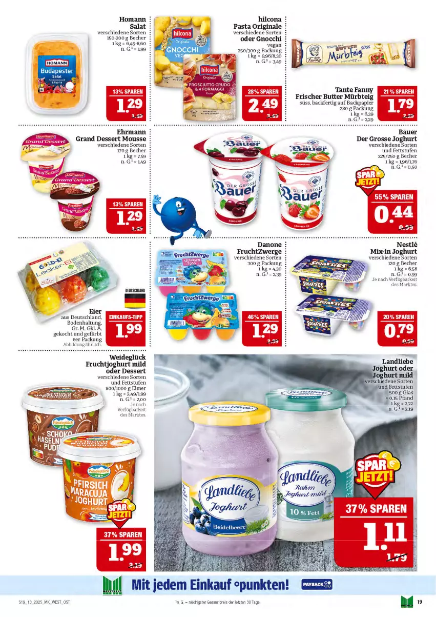 Aktueller Prospekt Marktkauf - Prospekt - von 23.03 bis 29.03.2025 - strona 19 - produkty: auer, Bau, Bauer, Becher, butter, danone, dessert, ehrmann, eier, eimer, eis, frucht, fruchtjoghurt, fruchtzwerge, gin, gnocchi, hilcona, homann, joghur, joghurt, joghurt mild, mousse, Mürbteig, papier, pasta, reis, salat, tante fanny, Ti, ZTE