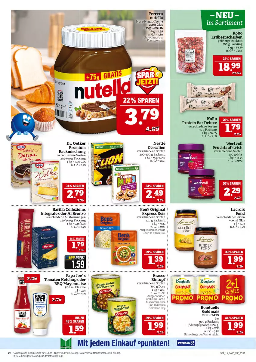 Aktueller Prospekt Marktkauf - Prospekt - von 23.03 bis 29.03.2025 - strona 22 - produkty: ACC, aktionspreis, aufstrich, backmischung, barilla, bonduelle, bonduelle goldmais, cerealien, chili, chorizo, creme, curry, deka, Dr. Oetker, eintopf, eis, elle, erasco, ferrero, flasche, frucht, fruchtaufstrich, Geflügel, gin, Goldmais, Käse, ketchup, mac, mais, mayonnaise, nudel, nudel-topf, nuss, nuss-nugat-creme, nutella, reis, rind, rinder, Ti, tomate, tomaten, tomaten ketchup, topf, Yo, ZTE