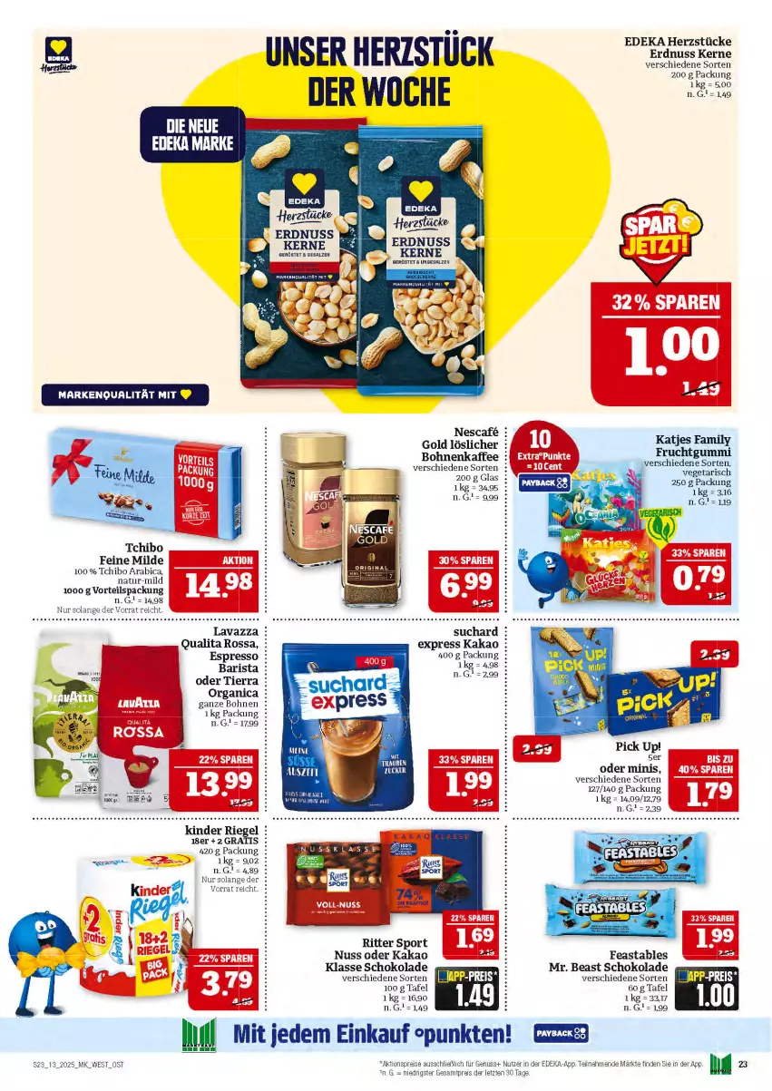 Aktueller Prospekt Marktkauf - Prospekt - von 23.03 bis 29.03.2025 - strona 23 - produkty: aktionspreis, bohne, bohnen, bohnenkaffee, deka, eis, erdnuss, espresso, frucht, fruchtgummi, kaffee, kakao, katjes, Kinder, kinder riegel, lavazza, natur, nescafe, nuss, Pick Up!, reis, riegel, ritter, ritter sport, salz, schoko, schokolade, Sport, Tchibo, Ti, Vegeta, ZTE