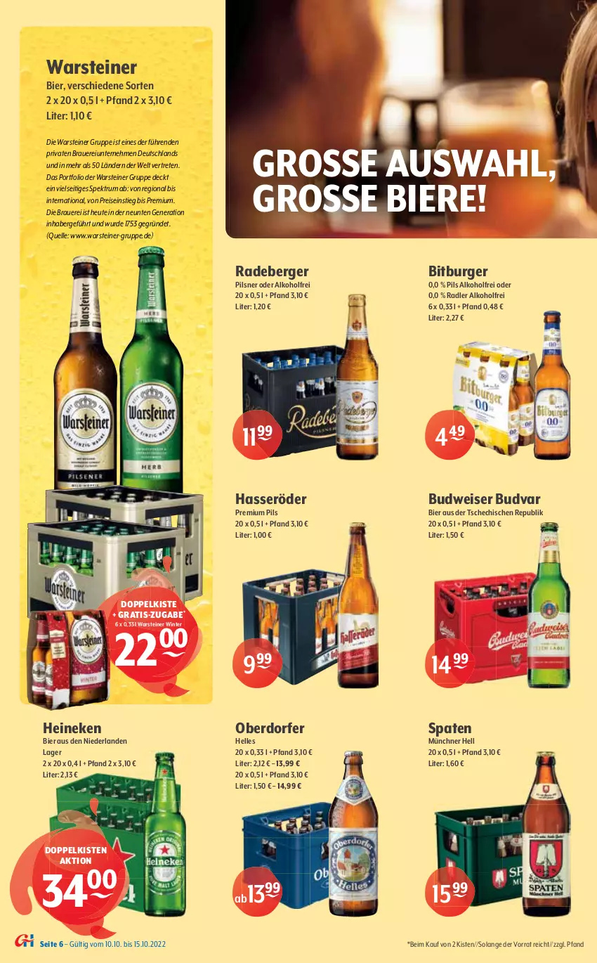 Aktueller Prospekt Getraenke Hoffmann - Prospekte - von 10.10 bis 15.10.2022 - strona 6 - produkty: alkohol, auer, aust, Berger, bier, Biere, bitburger, budweiser, burger, corona, eis, elle, franziskaner, getränk, gin, hasseröder, heineken, Heu, LG, lion, Meister, nuss, Paula, paulaner, pils, pilsner, premium pils, radeberger, radler, reis, rum, Spaten, Spektrum, steiner, Ti, warsteiner, weissbier