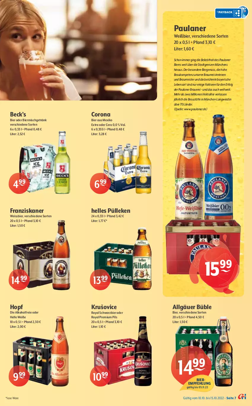 Aktueller Prospekt Getraenke Hoffmann - Prospekte - von 10.10 bis 15.10.2022 - strona 7 - produkty: alkohol, auer, aust, Berger, bier, Biere, bitburger, budweiser, burger, corona, eis, elle, franziskaner, getränk, gin, hasseröder, heineken, Heu, LG, lion, Meister, nuss, Paula, paulaner, pils, pilsner, premium pils, radeberger, radler, reis, rum, Spaten, Spektrum, steiner, Ti, warsteiner, weissbier