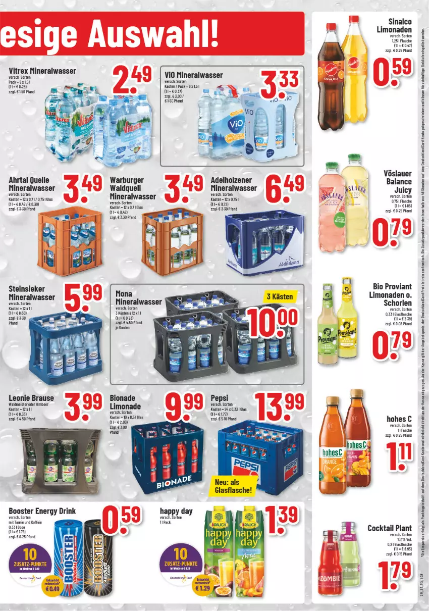 Aktueller Prospekt Trinkgut - von 18.07 bis 23.07.2022 - strona 3 - produkty: adelholzener, Alwa, angebot, angebotspreis, auer, aust, bio, bionade, brause, burger, cocktail, deutschlandcard, drink, eis, elle, energy drink, erde, flasche, glasflasche, Happy Day, Holz, LG, limo, limonade, limonaden, mineralwasser, pepsi, Proviant, reis, schorle, sinalco, Steinsieker, Ti, vitrex, vöslauer, wasser