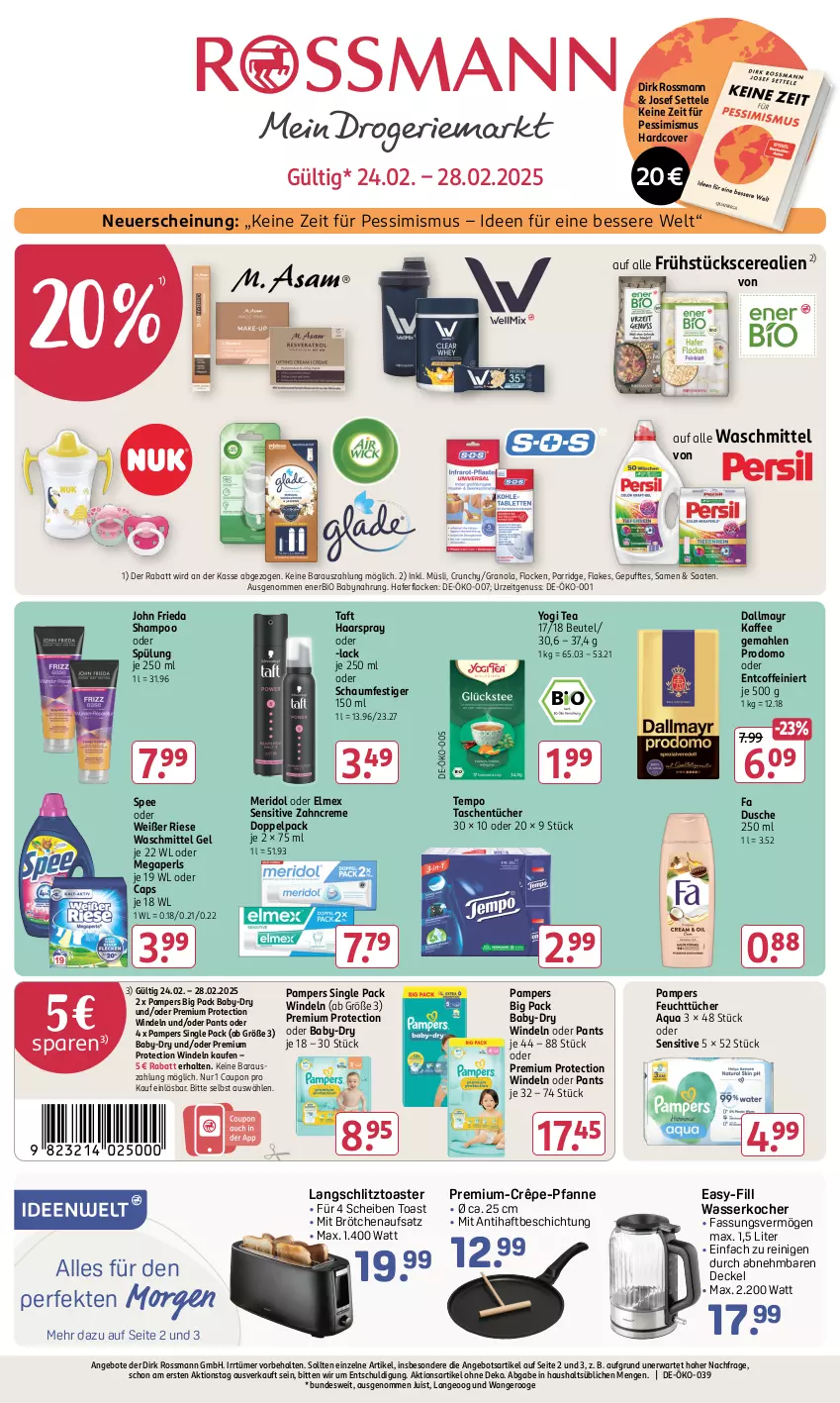 Aktueller Prospekt Rossmann - Prospekte - von 31.01 bis 06.04.2025 - strona 1 - produkty: angebot, angebote, aqua, baby-dry, Babynahrung, beutel, bio, brötchen, brötchenaufsatz, Cap, cerealien, coffein, coupon, creme, Crêpe-Pfanne, dallmayr, decke, Deckel, dusche, elmex, feuchttücher, flakes, haarspray, hafer, haferflocken, kaffee, Kocher, lack, megaperls, meridol, müsli, nuss, oder schaumfestiger, pampers, Pants, pfanne, porridge, prodomo, schaumfestiger, settele, shampoo, shampoo oder spülung, sim, spee, spülung, Taft, Tasche, taschen, taschentücher, Tempo, Ti, toast, toaster, tücher, waschmittel, wasser, wasserkocher, windeln, windeln oder pants, Yo, zahncreme