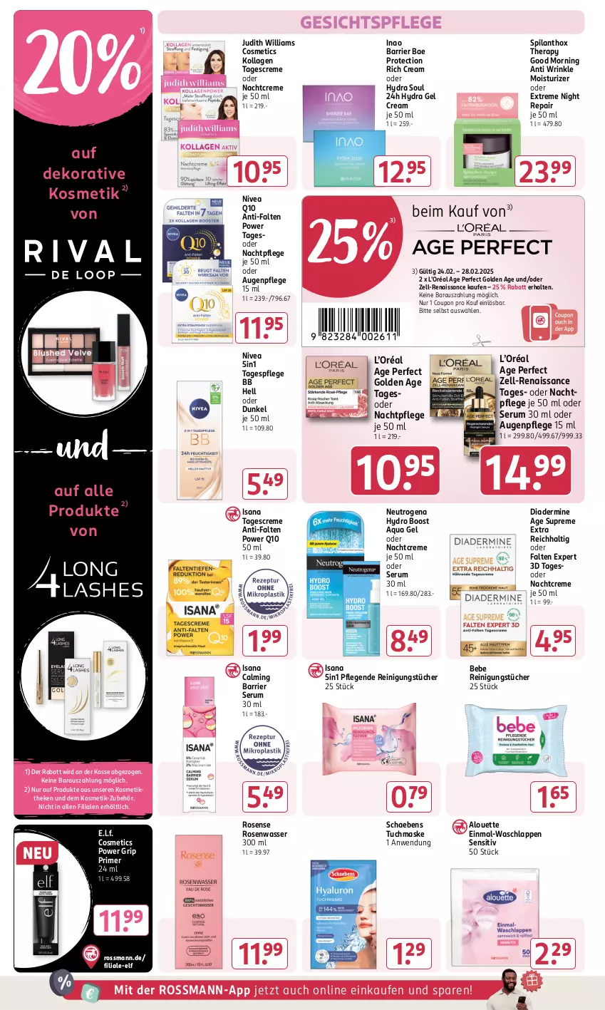 Aktueller Prospekt Rossmann - Prospekte - von 31.01 bis 06.04.2025 - strona 10 - produkty: alouette, aqua, Augenpflege, Bebe, coupon, creme, Diadermine, gesichtspflege, isana, Kollagen, kosmetik, Maske, nachtcreme, nachtpflege, neutrogena, nivea, Q10, Reinigung, reinigungstücher, rosen, Rosenwasser, rum, sana, Schaebens, Serum, tagescreme, Tagespflege, Ti, tuc, tücher, tuchmaske, waschlappen, wasser