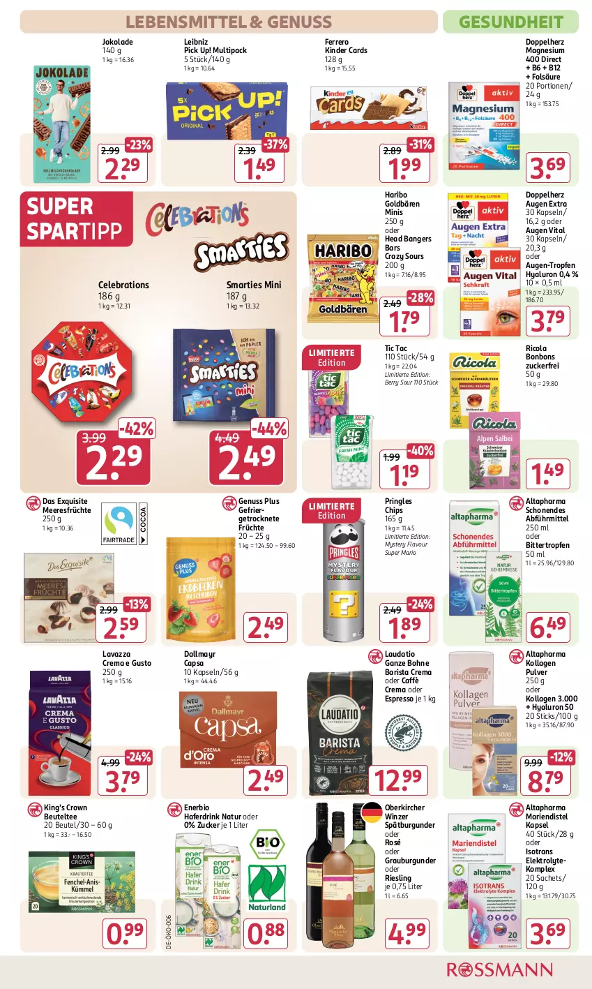 Aktueller Prospekt Rossmann - Prospekte - von 31.01 bis 06.04.2025 - strona 13 - produkty: Altapharma, beutel, bio, bohne, bonbons, burgunder, caffè crema, Cap, chips, cola, dallmayr, dallmayr capsa, doppelherz, drink, Elektro, espresso, ferrero, früchte, Gesundheit, goldbären, grauburgunder, hafer, Haferdrink, haribo, hyaluron, Kinder, Kollagen, lavazza, lebensmittel, leibniz, magnesium, magnesium 400, meeresfrüchte, natur, nuss, oder espresso, Pick Up!, pringles, Ricola, riesling, ring, sac, smarties, spartipp, spätburgunder, tee, Ti, vita, zucker