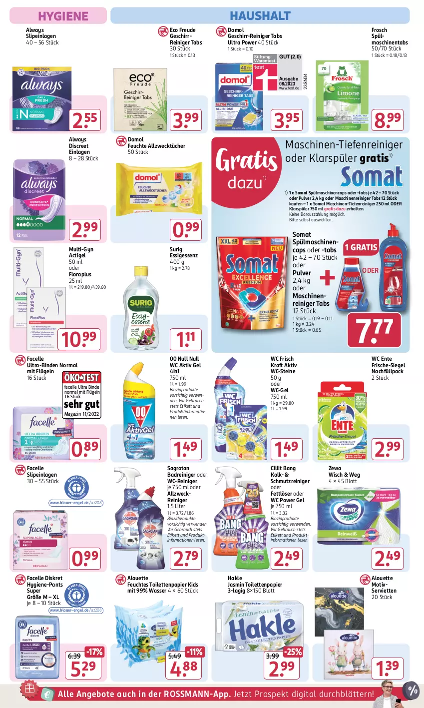 Aktueller Prospekt Rossmann - Prospekte - von 31.01 bis 06.04.2025 - strona 14 - produkty: aktiv gel, allzweckreiniger, Allzwecktücher, alouette, Alwa, Always, angebot, angebote, auer, Bad, binden, bio, biozidprodukte, Cap, Cillit, cillit bang, Discreet, Domol, elle, Engel, ente, essig, Facelle, Fettlöser, feuchtes toilettenpapier, Frosch, geschirr, hakle, Hygiene-Pants, klarspüler, kraft, magazin, maschinenreiniger, Pants, papier, Rauch, reiniger, rwe, sagrotan, Serviette, servietten, slip, slipeinlagen, somat, spülmaschinen, Ti, toilettenpapier, tücher, Ultra-Binden, wasser, wc ente, wc frisch, WC Frisch Kraft Aktiv, wc-gel, wc-reiniger, WC-Steine, weck, zewa