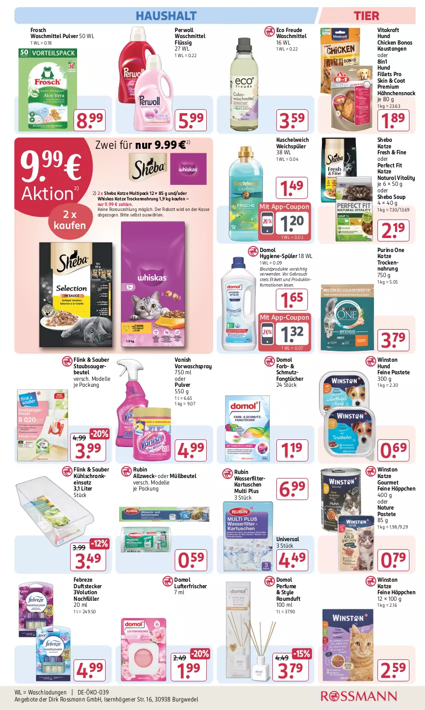 Aktueller Prospekt Rossmann - Prospekte - von 31.01 bis 06.04.2025 - strona 15 - produkty: angebot, angebote, aust, beutel, bio, biozidprodukte, Bona, coupon, dell, Domol, elle, Fangtücher, febreze, filterkartuschen, Frosch, kraft, kühlschrank, Kuschelweich, lufterfrischer, Mode, müllbeutel, natur, natura, pastete, Perfect Fit, perwoll, purina, Rauch, Raumduft, Rubin, rwe, Schrank, sheba, snack, staubsauger, Ti, Trockennahrung, tücher, vanish, vita, vitakraft, vitality, waschmittel, wasser, wasserfilter, weck, wedel, weichspüler, whiskas