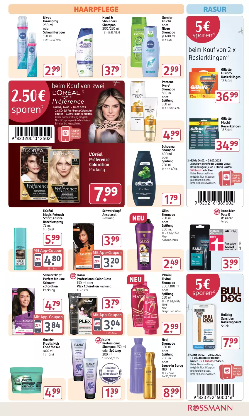 Aktueller Prospekt Rossmann - Prospekte - von 31.01 bis 06.04.2025 - strona 7 - produkty: Bulldog, coupon, elvital, fructis, fusion5, garnier, gillette, gillette venus, gliss, haarpflege, haarspray, isana, mac, mach3, Maske, mousse, nivea, oder schaumfestiger, pantene, pantene pro-v, pro-v, rasierapparat, rasierer, Rasierklinge, rasierklingen, sana, schauma, schauma shampoo, schaumfestiger, schwarzkop, schwarzkopf, shampoo, shampoo 250 ml, spülung, spülung 200 ml, Ti, venus, vita