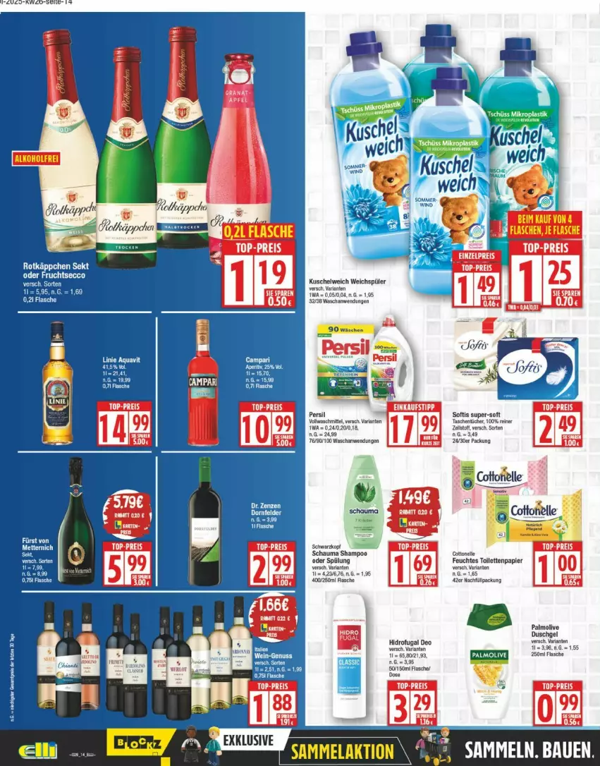 Aktueller Prospekt Edeka - Prospekte - von 23.06 bis 28.06.2025 - strona 14 - produkty: aqua, aquavit, eis, flasche, Kuschelweich, papier, reis, rotkäppchen, sekt, spülung, top-preis, weichspüler