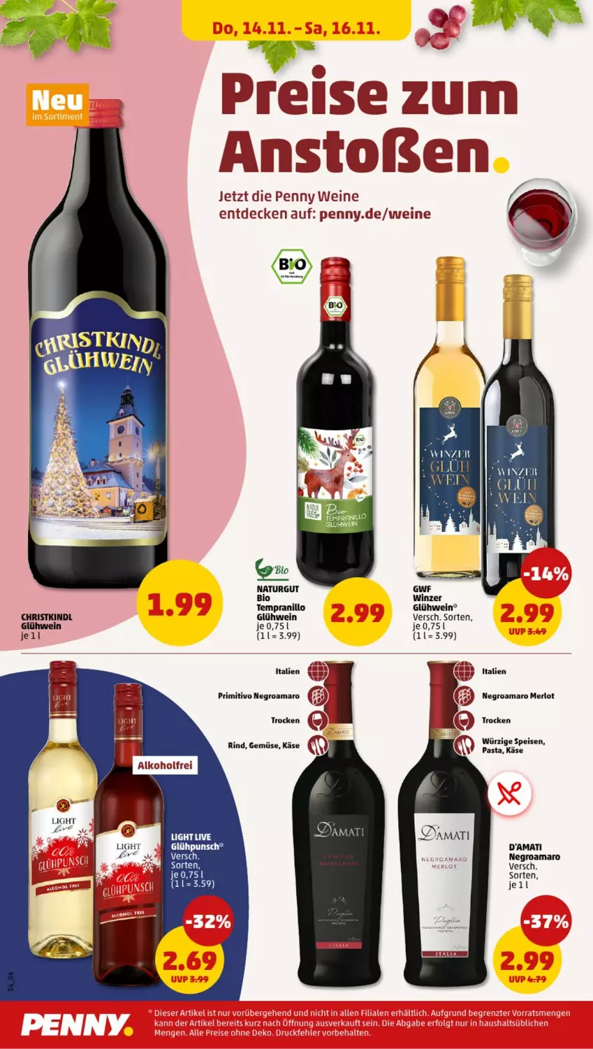 Aktueller Prospekt Penny - Prospekte - von 11.11 bis 16.11.2024 - strona 34 - produkty: amaro, bio, decke, eis, Glühwein, HP, Käse, merl, merlot, natur, pasta, primitivo, reis, rind, tempranillo, Ti, wein, weine