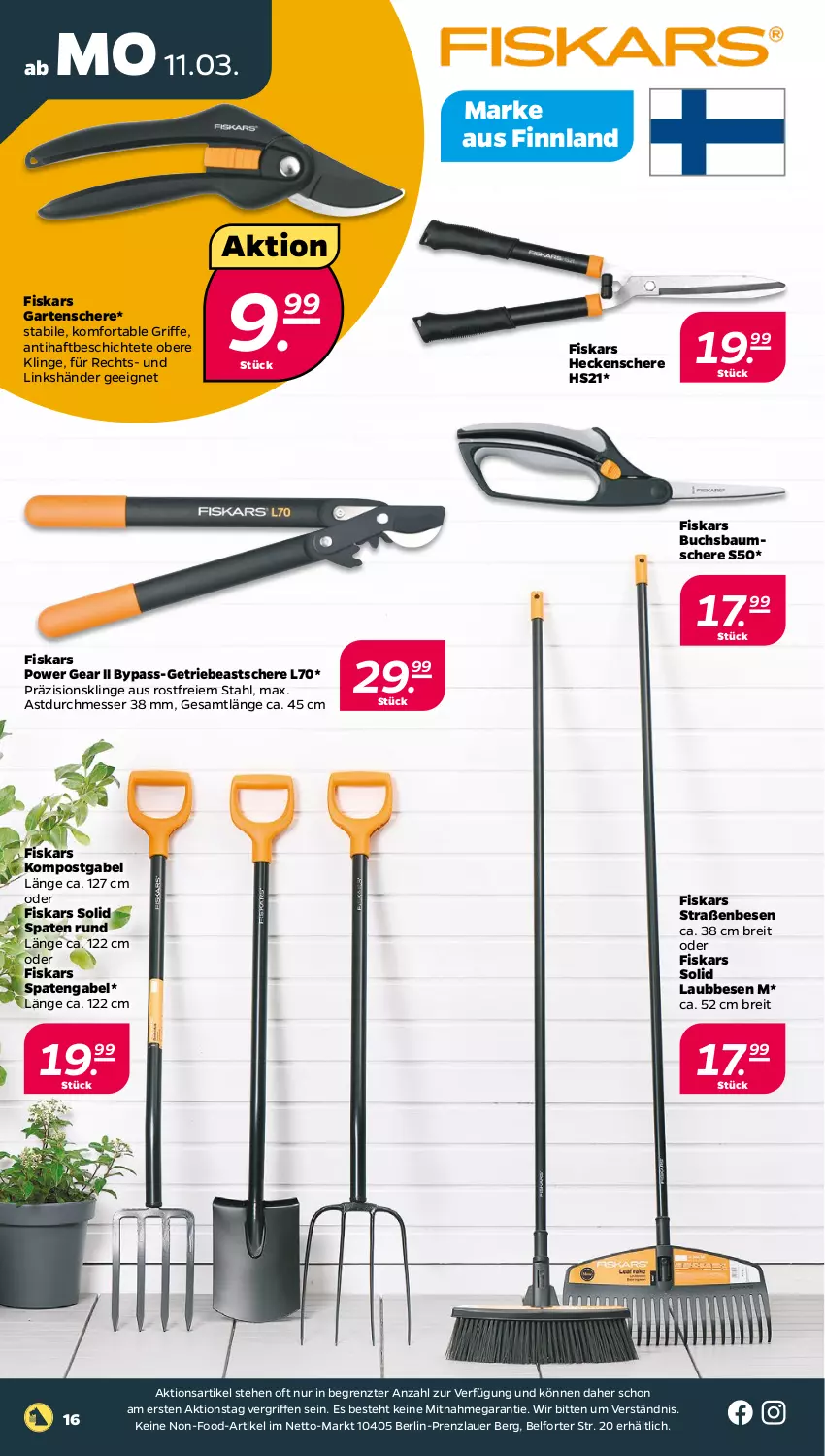 Aktueller Prospekt Netto - Woche 11 - von 11.03 bis 16.03.2024 - strona 16 - produkty: auer, Bau, Brei, buch, fiskars, gabel, Garten, Gartenschere, heckenschere, messer, Schere, Spaten, Ti, ZTE