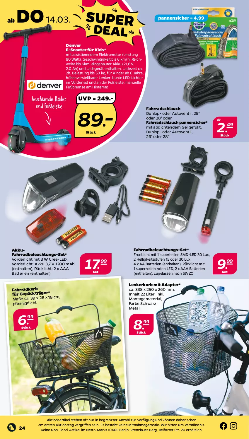 Aktueller Prospekt Netto - Woche 11 - von 11.03 bis 16.03.2024 - strona 24 - produkty: adapter, akku, auer, auto, batterie, batterien, Bau, beleuchtung, dunlop, eis, Elektro, elle, Fahrrad, Kinder, korb, ladegerät, led-licht, Leuchte, leuchten, Ria, rücklicht, schlauch, scooter, Stier, Ti, Tiere, ZTE