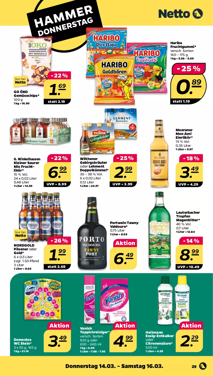 Aktueller Prospekt Netto - Woche 11 - von 11.03 bis 16.03.2024 - strona 29 - produkty: chips, domestos, eier, eierlikör, entkalker, essig, frucht, fruchtgummi, haribo, heitmann, kräuter, leine, likör, pils, pilsener, Portwein, reiniger, teppich, Ti, valdo, vanish, wein, wilthener, winkelhausen