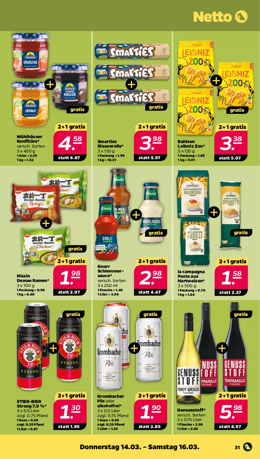 Aktueller Prospekt Netto - Woche 11 - von 11.03 bis 16.03.2024 - strona 31 - produkty: alkohol, bahlsen, bier, flasche, hartweizen, knorr, konfitüre, krombache, krombacher, krombacher pils, leibniz, mühlhäuser, Nissin, nuss, pasta, pils, sauce, schlemmersauce, smarties, Stier, Ti