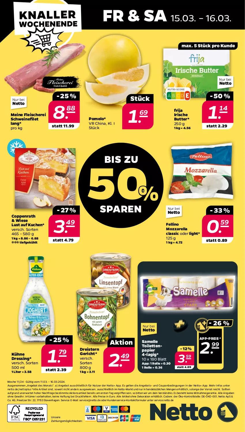 Aktueller Prospekt Netto - Woche 11 - von 11.03 bis 16.03.2024 - strona 32 - produkty: alle artikel ohne dekoration, angebot, butter, coppenrath, coupon, dekoration, dreistern, dressing, eis, elle, filet, fleisch, Fleischerei, irische butter, kuchen, Kühne, Lust auf Kuchen, mozzarella, papier, Pomelo, reis, rel, Schere, schwein, schweine, schweinefilet, Ti, toilettenpapier, wein, weine