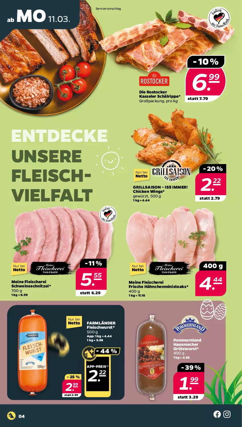 Aktueller Prospekt Netto - Woche 11 - von 11.03 bis 16.03.2024 - strona 4 - produkty: chicken wings, decke, eis, fleisch, Fleischerei, fleischwurst, Frische Hähnchen, gewürz, grill, Hausmacher, kasseler, mac, reis, Rostocker, Schere, schnitzel, schwein, schweine, schweineschnitzel, steak, steaks, wein, weine, wurst