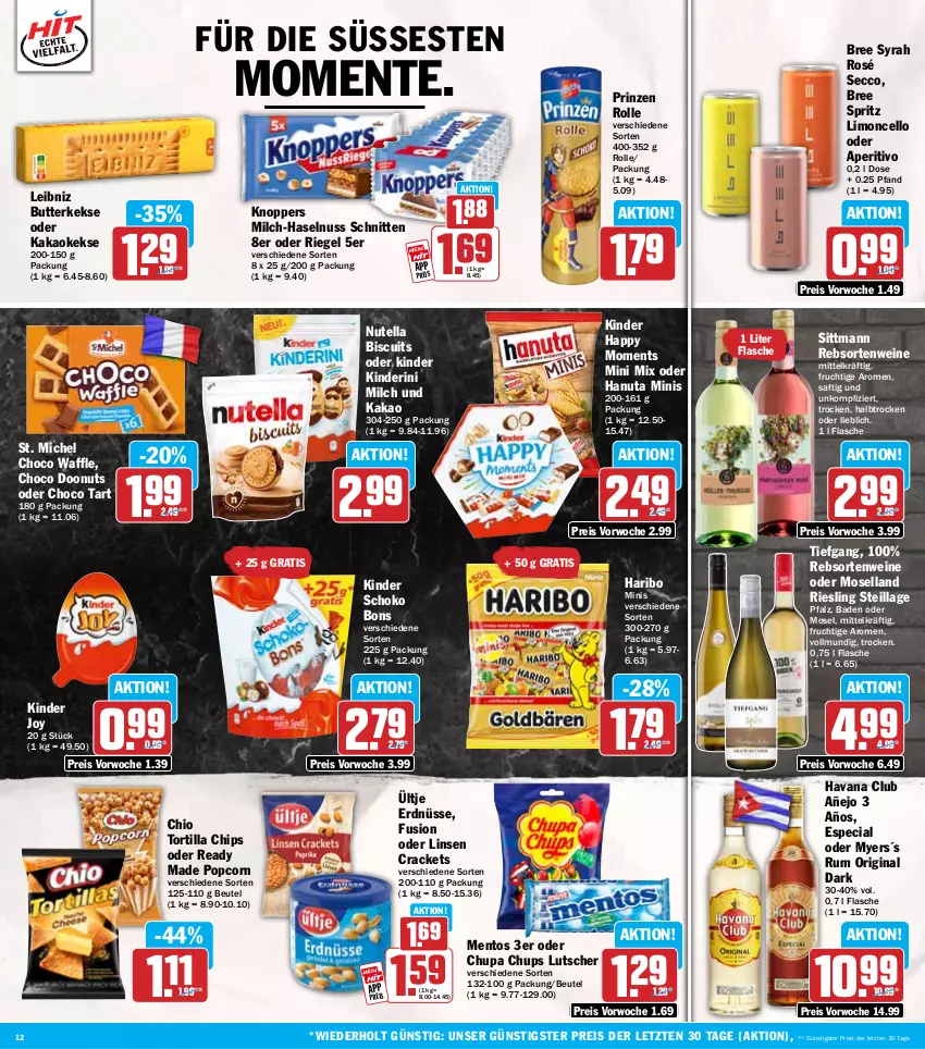 Aktueller Prospekt Hit - Wochenprospekt - von 04.08 bis 09.08.2025 - strona 12 - produkty: Bad, beutel, bree, butter, butterkeks, chips, chupa, chupa chups, ecco, eis, ente, erdnüsse, flasche, frucht, gin, hanuta, haribo, haselnuss, Havana Club, kakao, keks, kekse, Kinder, knoppers, leibniz, limo, linsen, Lutscher, mentos, milch, moselland, nuss, nutella, popcorn, prinzen rolle, rebsortenweine, reis, riegel, riesling, rum, saft, schnitten, schoko, Ti, tortilla, Tortilla Chips, ültje, ültje erdnüsse, wein, weine, ZTE