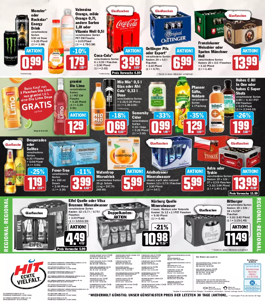 Aktueller Prospekt Hit - Wochenprospekt - von 04.08 bis 09.08.2025 - strona 19 - produkty: adelholzener, Afri Cola, Alwa, angebot, angebote, Astra, auer, Bad, bier, bio, bitburger, braun, brunnen, burger, cider, coca-cola, cola, desperados, drink, eimer, eis, elle, energy drink, Engel, fever-tree, fisch, flasche, franziskaner, glasflasche, granini, granini die limo, Hohes C, Holz, limo, Lübecker, mineralwasser, Mineralwasser Classic, Mio Mio, monster, natur, Nektar, oettinger, orange, pfanne, Pfanner, pils, Rauch, reis, rel, Rockstar, säfte, Schal, Schale, somersby, Spaten, Ti, tyskie, uhr, valensina, vilsa, vita, wasser, weissbier, ZTE