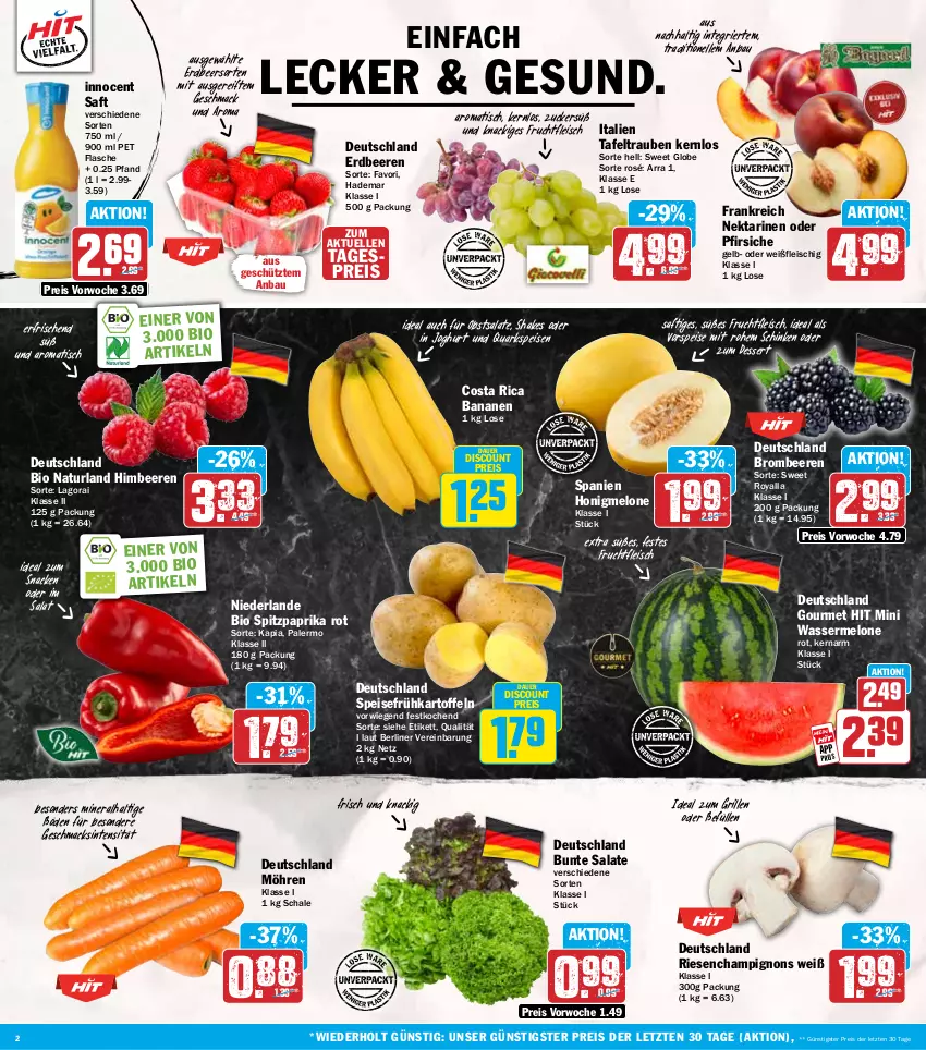 Aktueller Prospekt Hit - Wochenprospekt - von 04.08 bis 09.08.2025 - strona 2 - produkty: auer, banane, bananen, Bau, beere, beeren, berliner, bio, brombeere, brombeeren, bunte salate, champignon, champignons, dessert, discount, eis, elle, erdbeere, erdbeeren, flasche, fleisch, frucht, fruchtfleisch, Frühkartoffeln, grill, himbeer, himbeere, himbeeren, honig, honigmelone, ideal zum grillen, Innocent, joghur, joghurt, kartoffel, kartoffeln, mac, melone, möhren, natur, naturland, Nektar, nektarinen, nektarinen oder, obst, oder pfirsiche, paprika, paprika rot, pfirsich, pfirsiche, quark, reis, saft, salat, salate, Schal, Schale, schinken, shake, snack, speisefrühkartoffeln, Spitzpaprika, tafeltrauben, Ti, tisch, trauben, vorspeise, wasser, wassermelone, ZTE, zucker