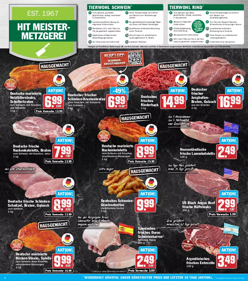 Aktueller Prospekt Hit - Wochenprospekt - von 04.08 bis 09.08.2025 - strona 4 - produkty: auer, Bau, Bauer, beef, bio, braten, eis, ente, entrecôte, fleisch, Geflügel, geschnetzeltes, gulasch, Holz, holzfällersteaks, hüftsteak, hüftsteaks, jungbullen, kotelett, krustenbraten, lack, lamm, lammkotelett, mais, Meister, milch, monitor, nackenkoteletts, natur, pute, reis, Ria, rind, rinder, ring, schinken, schinkenschnitzel, schnitzel, schwein, schweine, Spezi, Sport, steak, steaks, Ti, Tiere, tisch, wein, weine, Zelt, ZTE