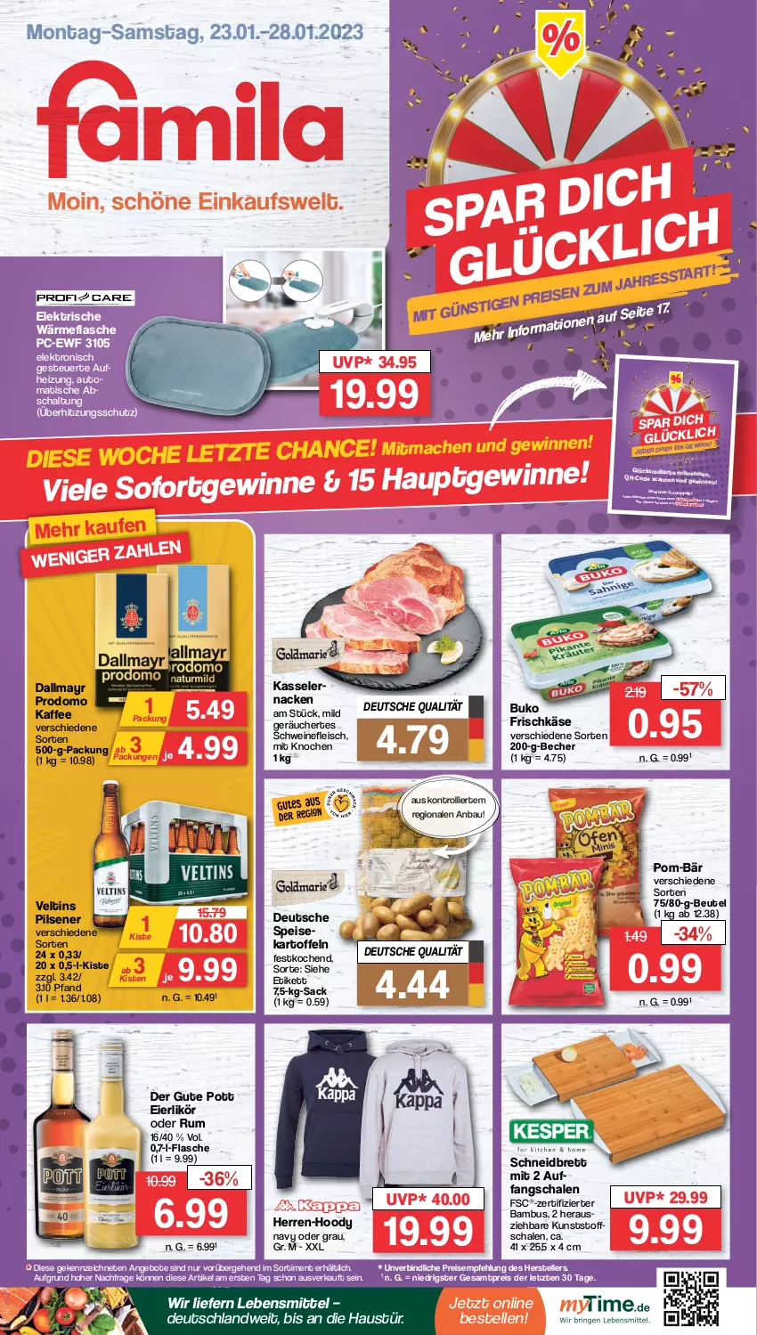 Aktueller Prospekt Famila - Prospekte - von 23.01 bis 28.01.2023 - strona 1 - produkty: angebot, angebote, aust, auto, bambus, Bau, Becher, beutel, Buko, dallmayr, dallmayr prodomo, eier, eierlikör, eis, Elektro, elle, flasche, fleisch, frischkäse, kaffee, kartoffel, kartoffeln, Käse, kasseler, lebensmittel, likör, mac, pils, pilsener, pom-bär, prodomo, reis, rum, sac, Schal, Schale, schwein, schweine, schweinefleisch, teller, Ti, tisch, trolli, veltins, veltins pilsener, wein, weine, ZTE