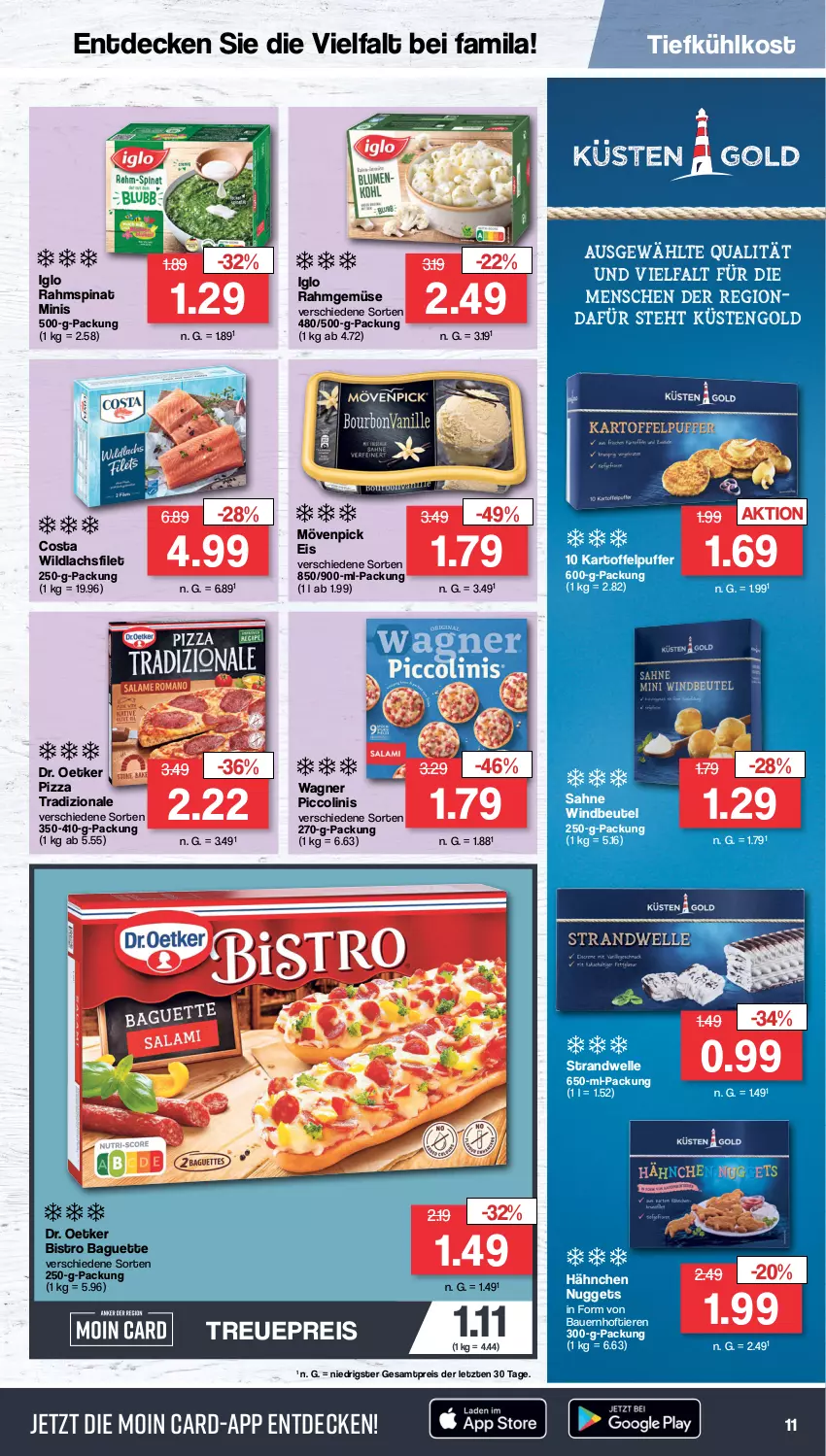 Aktueller Prospekt Famila - Prospekte - von 23.01 bis 28.01.2023 - strona 11 - produkty: auer, baguette, Bau, Bauer, beutel, Bistro Baguette, decke, Dr. Oetker, eis, elle, filet, iglo, kartoffel, kartoffelpuffer, küstengold, lachs, lachsfilet, mövenpick, mövenpick eis, nuggets, piccolinis, pizza, pizza tradizionale, Rahmgemüse, reis, sahne, spinat, Ti, tiefkühlkost, Tiere, tradizionale, wagner, Wild, wildlachs, Windbeutel, ZTE