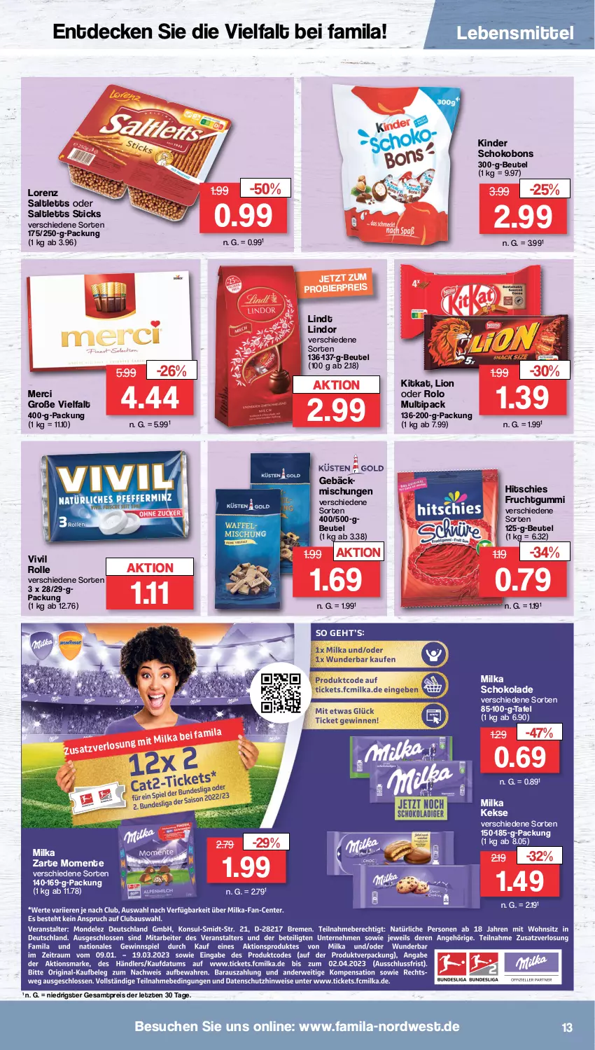 Aktueller Prospekt Famila - Prospekte - von 23.01 bis 28.01.2023 - strona 13 - produkty: beutel, decke, eis, ente, frucht, fruchtgummi, keks, kekse, Kinder, Kinder Schokobons, kitkat, lebensmittel, lindor, lindt, lion, lorenz, merci, milka, milka schokolade, reis, saltletts, schoko, schokolade, Ti, ZTE