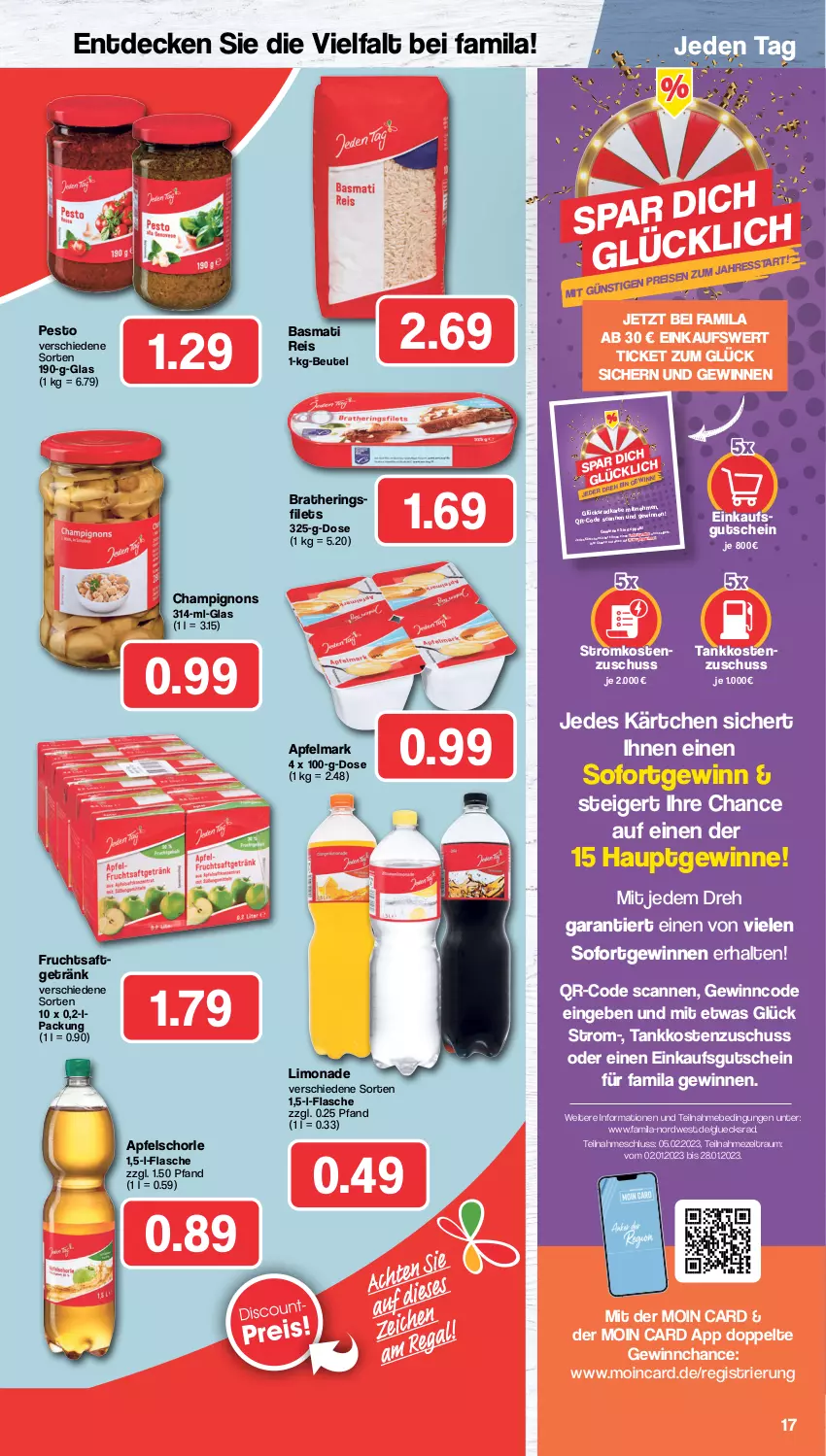 Aktueller Prospekt Famila - Prospekte - von 23.01 bis 28.01.2023 - strona 17 - produkty: apfel, Apfelschorle, basmati, Basmati Reis, beutel, champignon, champignons, decke, eis, filet, filets, flasche, frucht, fruchtsaft, getränk, gutschein, hering, Herings, heringsfilets, limo, limonade, pesto, reis, ring, saft, schorle, Ti