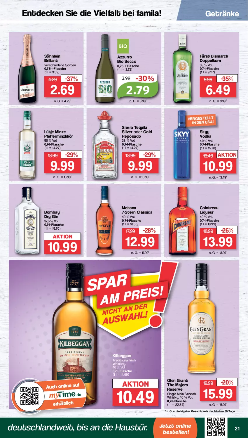 Aktueller Prospekt Famila - Prospekte - von 23.01 bis 28.01.2023 - strona 21 - produkty: aust, bio, bismarck, decke, doppelkorn, dry gin, ecco, eis, elle, flasche, getränk, getränke, gin, Glen Grant, irish whiskey, kilbeggan, korn, likör, liqueur, Metaxa, minze, pfeffer, pfefferminzlikör, reis, scotch, scotch whisky, Sierra, sierra tequila, single malt, skyy, Skyy Vodka, söhnlein, söhnlein brillant, tequila, Ti, vodka, whiskey, whisky, ZTE