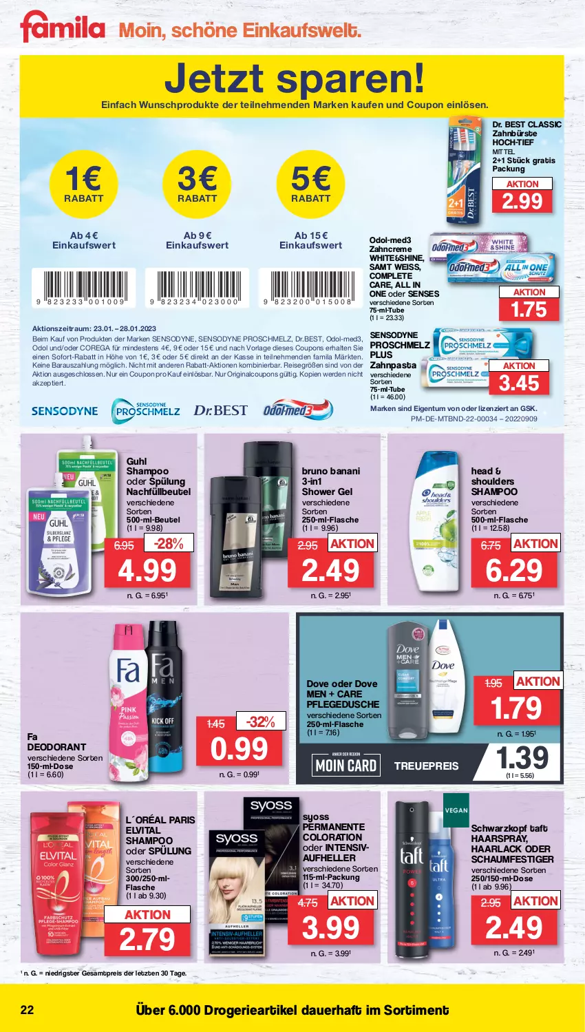 Aktueller Prospekt Famila - Prospekte - von 23.01 bis 28.01.2023 - strona 22 - produkty: arla, auer, beutel, bruno banani, bürste, coupon, coupons, creme, deo, deodorant, dove, Dr. Best, dusche, eis, elle, elvital, ente, erde, flasche, gin, Guhl, Haarlack, haarspray, HP, L´Oréal, lack, oder schaumfestiger, Odol, pasta, pflegedusche, reis, schaumfestiger, schwarzkop, schwarzkopf, sensodyne, shampoo, shampoo oder spülung, sofort-rabatt, spülung, syoss, Taft, Ti, vita, Yo, zahnbürste, zahncreme, zahnpasta, ZTE