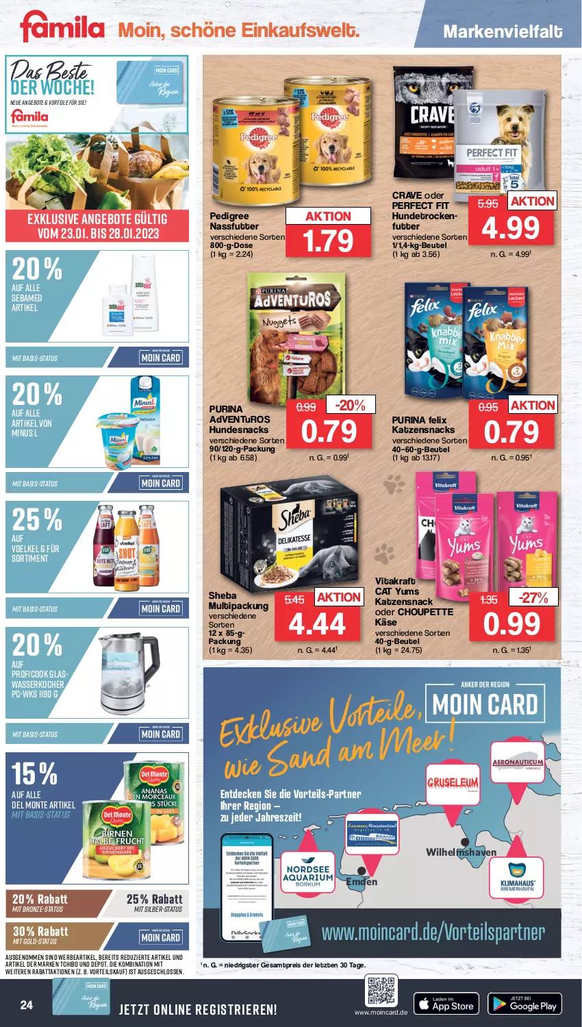 Aktueller Prospekt Famila - Prospekte - von 23.01 bis 28.01.2023 - strona 24 - produkty: adventuros, angebot, angebote, beutel, decke, eis, felix, hundesnack, hundesnacks, Käse, katzensnack, katzensnacks, Kocher, kraft, monte, nassfutter, pedigree, Perfect Fit, proficook, purina, reis, sebamed, sheba, snack, snacks, Tchibo, Ti, trockenfutter, vita, vitakraft, wasser, wasserkocher, ZTE