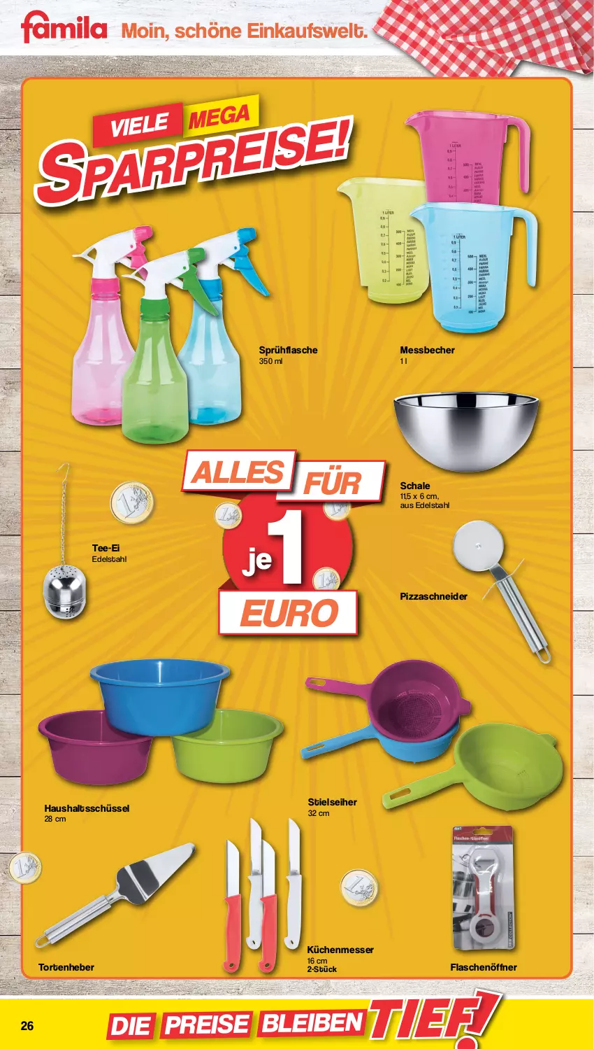 Aktueller Prospekt Famila - Prospekte - von 23.01 bis 28.01.2023 - strona 26 - produkty: Becher, edelstahl, eis, flasche, flaschenöffner, küche, Küchen, Messbecher, messer, pizza, reis, Schal, Schale, schüssel, sprühflasche, tee, Ti, torte