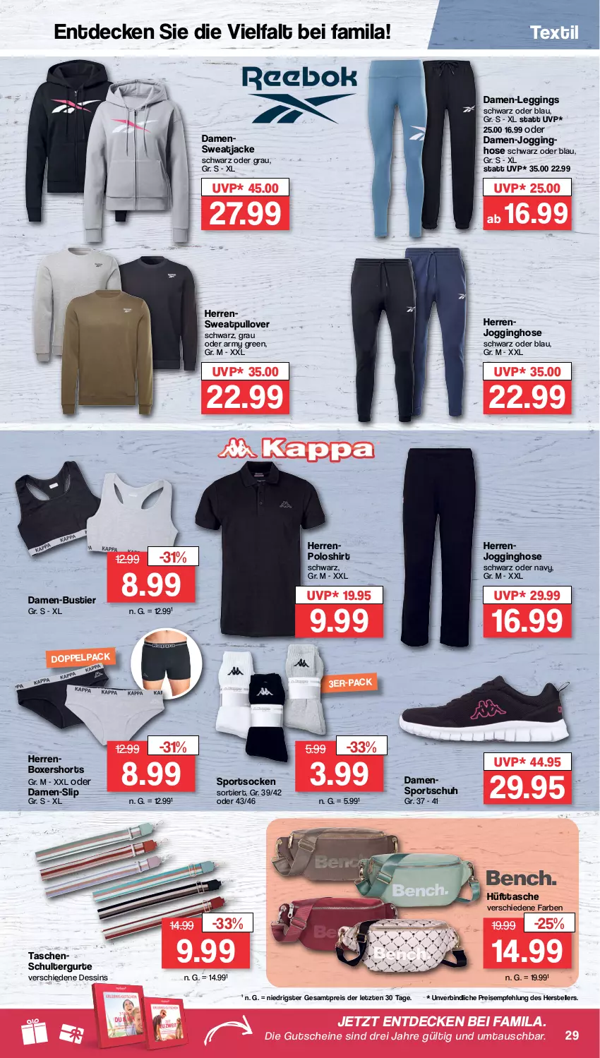 Aktueller Prospekt Famila - Prospekte - von 23.01 bis 28.01.2023 - strona 29 - produkty: Damen-Slip, decke, eis, elle, gin, gutschein, gutscheine, hose, Jacke, Jogginghose, leggings, poloshirt, Pullover, reis, schultergurt, shirt, shorts, slip, socken, Sport, sportsocken, Stier, sweatjacke, Tasche, taschen, teller, Ti, ZTE