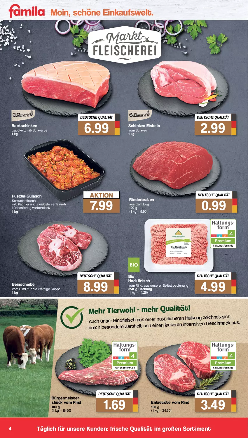 Aktueller Prospekt Famila - Prospekte - von 23.01 bis 28.01.2023 - strona 4 - produkty: bio, braten, eis, entrecôte, fleisch, Germ, gulasch, hackfleisch, küche, Küchen, mac, Meister, mit paprika, paprika, rind, rinder, rinderbraten, rindfleisch, schinken, schwein, schweine, schweinefleisch, suppe, Ti, wein, weine, zwiebel, zwiebeln