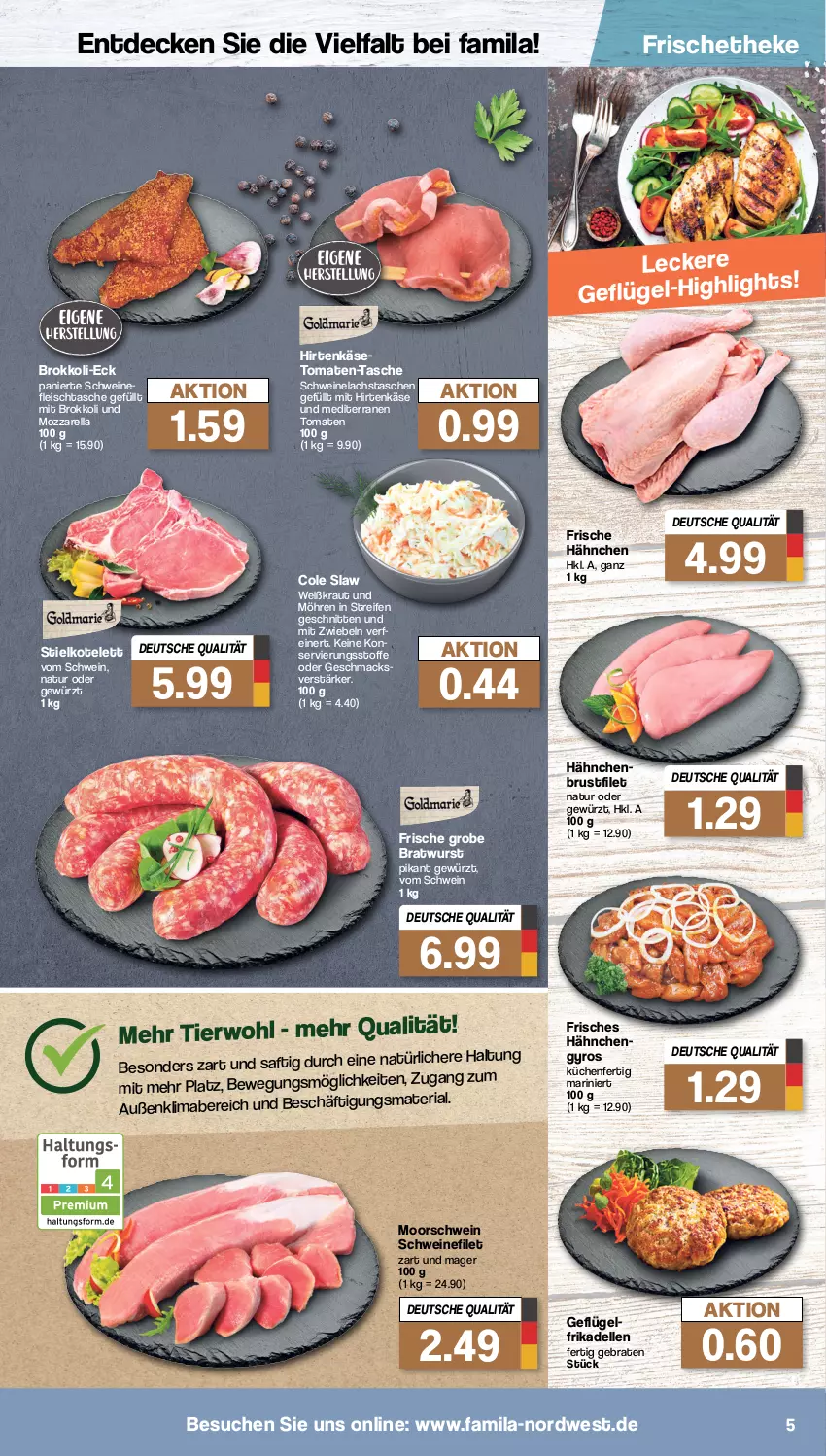 Aktueller Prospekt Famila - Prospekte - von 23.01 bis 28.01.2023 - strona 5 - produkty: braten, bratwurst, brokkoli, brustfilet, decke, dell, eis, elle, filet, fleisch, frikadellen, Frische Hähnchen, Geflügel, gewürz, grobe bratwurst, gyros, hähnchenbrust, hähnchenbrustfilet, hirtenkäse, Käse, kotelett, Kraut, küche, Küchen, lachs, mab, mac, mit zwiebeln, möhren, mozzarella, natur, reifen, rel, Ria, saft, schnitten, schwein, schweine, schweinefilet, Schweinelachs, Tasche, taschen, Ti, tomate, tomaten, wein, weine, wurst, zwiebel, zwiebeln