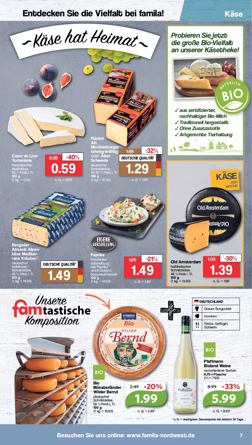 Aktueller Prospekt Famila - Prospekte - von 23.01 bis 28.01.2023 - strona 7 - produkty: auer, bergader, bier, Biere, bio, bioland, brie, burger, burgunder, decke, deutscher schnittkäse, doppelrahmstufe, eis, flasche, französischer weichkäse, frischkäse, Geflügel, grauer burgunder, holländischer schnittkäse, Käse, käsetheke, kräuter, kräutern, lion, milch, mit paprika, Old Amsterdam, paprika, pasta, reis, schnittkäse, schwein, Ti, torte, weichkäse, wein, weine, Wild, Wilder Bernd, ZTE