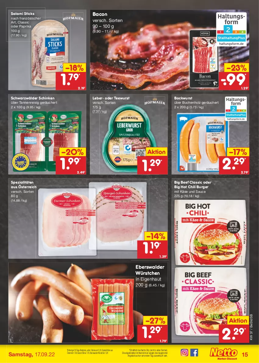 Aktueller Prospekt Netto Marken-Discount - Filial-Angebote - von 12.09 bis 17.09.2022 - strona 15 - produkty: angebot, bacon, beef, bestpreis, bockwurst, buch, burger, chili, eis, Holz, hot chili, Käse, paprika, reis, salami, sauce, schinken, schwarzwälder schinken, Spezi, tee, teewurst, Ti, wurst, würstchen, ZTE