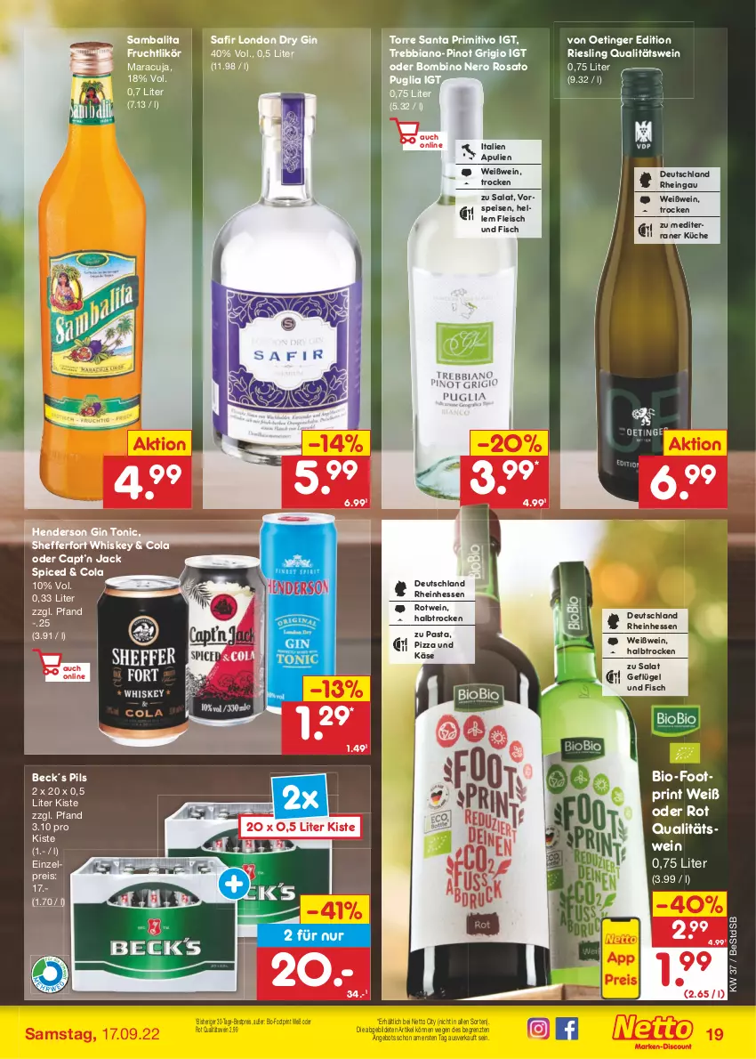 Aktueller Prospekt Netto Marken-Discount - Filial-Angebote - von 12.09 bis 17.09.2022 - strona 19 - produkty: angebot, bestpreis, bio, Cap, cola, dry gin, eis, elle, enders, fisch, fleisch, frucht, Geflügel, gin, Käse, küche, likör, london dry, london dry gin, maracuja, nero, pasta, pils, Pinot, pinot grigio, pizza, primitivo, qualitätswein, reis, riesling, rosato, rotwein, salat, Ti, tonic, vorspeise, wein, Weißwein, whiskey, ZTE