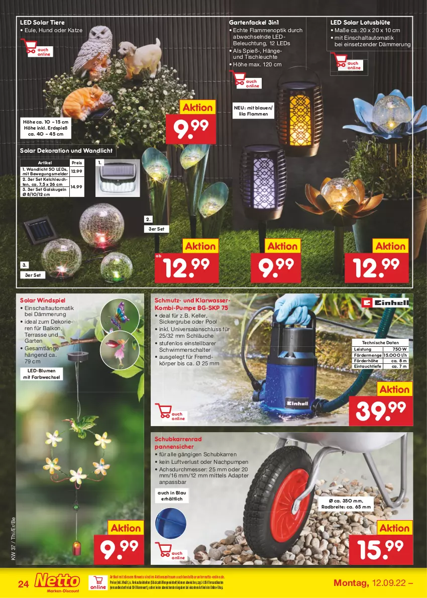 Aktueller Prospekt Netto Marken-Discount - Filial-Angebote - von 12.09 bis 17.09.2022 - strona 24 - produkty: adapter, auto, beleuchtung, blume, blumen, Blüte, Brei, dekoration, eis, elle, Garten, Gartenfackel, HP, Kugel, lamm, leds, Leuchte, leuchten, messer, ndk, pool, reis, Schal, schläuche, Ti, Tiere, tisch, tischleuchte, usb, versandkostenfrei, wasser