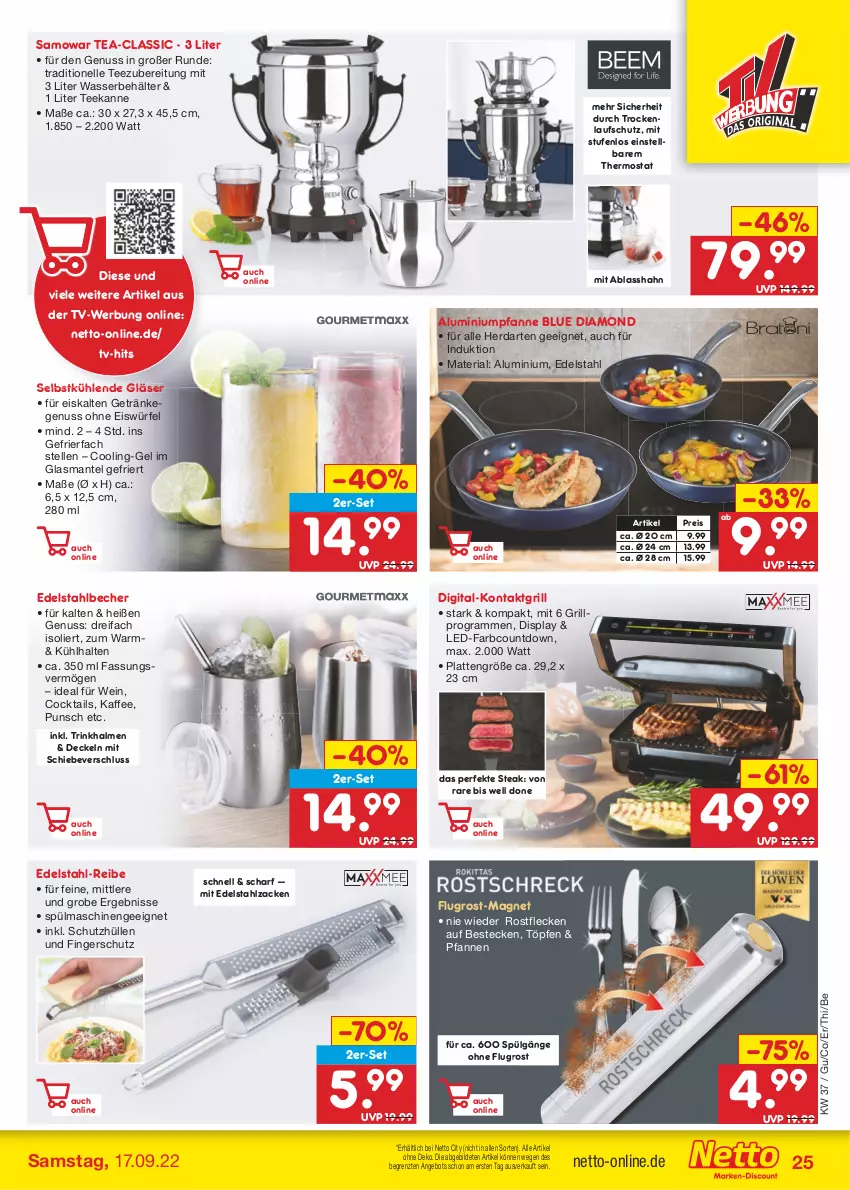 Aktueller Prospekt Netto Marken-Discount - Filial-Angebote - von 12.09 bis 17.09.2022 - strona 25 - produkty: angebot, Becher, Behälter, besteck, bestecke, cocktail, cocktails, decke, Deckel, edelstahl, eis, eiswürfel, elle, gefrierfach, getränk, getränke, Gläser, grill, herdarten, kaffee, kontaktgrill, latte, LG, Mantel, nuss, pfanne, pfannen, reis, Ria, schutzhülle, spülmaschinen, steak, tee, teekanne, thermostat, Ti, Trinkhalme, wasser, wein, würfel, ZTE