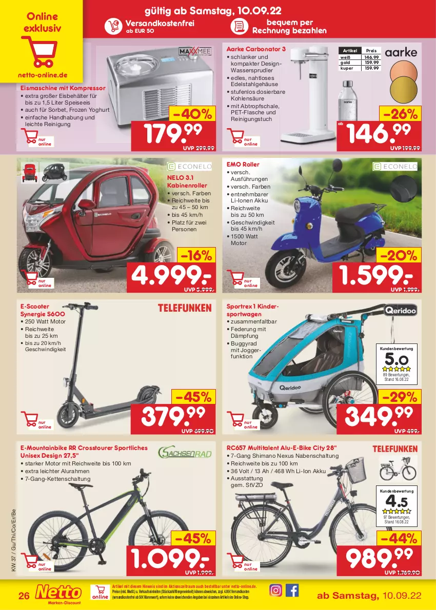 Aktueller Prospekt Netto Marken-Discount - Filial-Angebote - von 12.09 bis 17.09.2022 - strona 26 - produkty: akku, Behälter, Bona, Buggy, E-Bike, edelstahl, eis, eismaschine, flasche, Kette, Kinder, kompressor, LG, Mountainbike, ndk, nexus, pet-flasche, Reinigung, reis, Roller, Schal, Schale, scooter, shimano, Sorbet, Sport, Ti, tuc, versandkostenfrei, wasser, wassersprudler, Yo, yoghurt