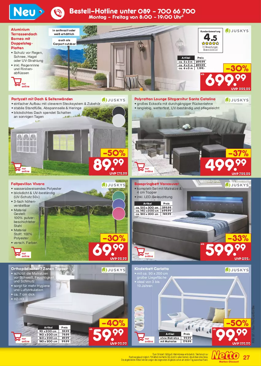 Aktueller Prospekt Netto Marken-Discount - Filial-Angebote - von 12.09 bis 17.09.2022 - strona 27 - produkty: angebot, arlo, Bau, beleuchtung, bett, boxspringbett, Carport, eis, Faltpavillon, garnitur, hering, Kinder, Kinderbett, latte, led-beleuchtung, Liege, matratze, matratzen, ohne matratze, pavillon, reis, Ria, ring, rückenlehne, Sofa, telefon, Ti, topper, uhr, uv-schutz, wasser, Zelt, ZTE